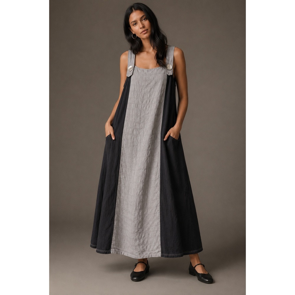 NY77 Design Lagenlook Maxi Dress Size 3 L Black Gray Art to Wear